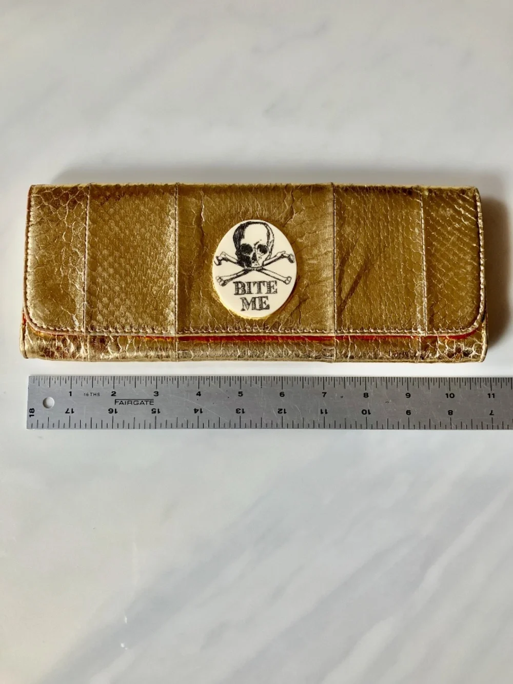 Jessica Kagan Cushman JK  Gold Faux Crocodile Leather Skull “Bite Me